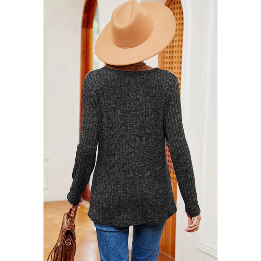 Eyelet Ribbed Round Neck Long Sleeve T - Shirt Apparel and Accessories