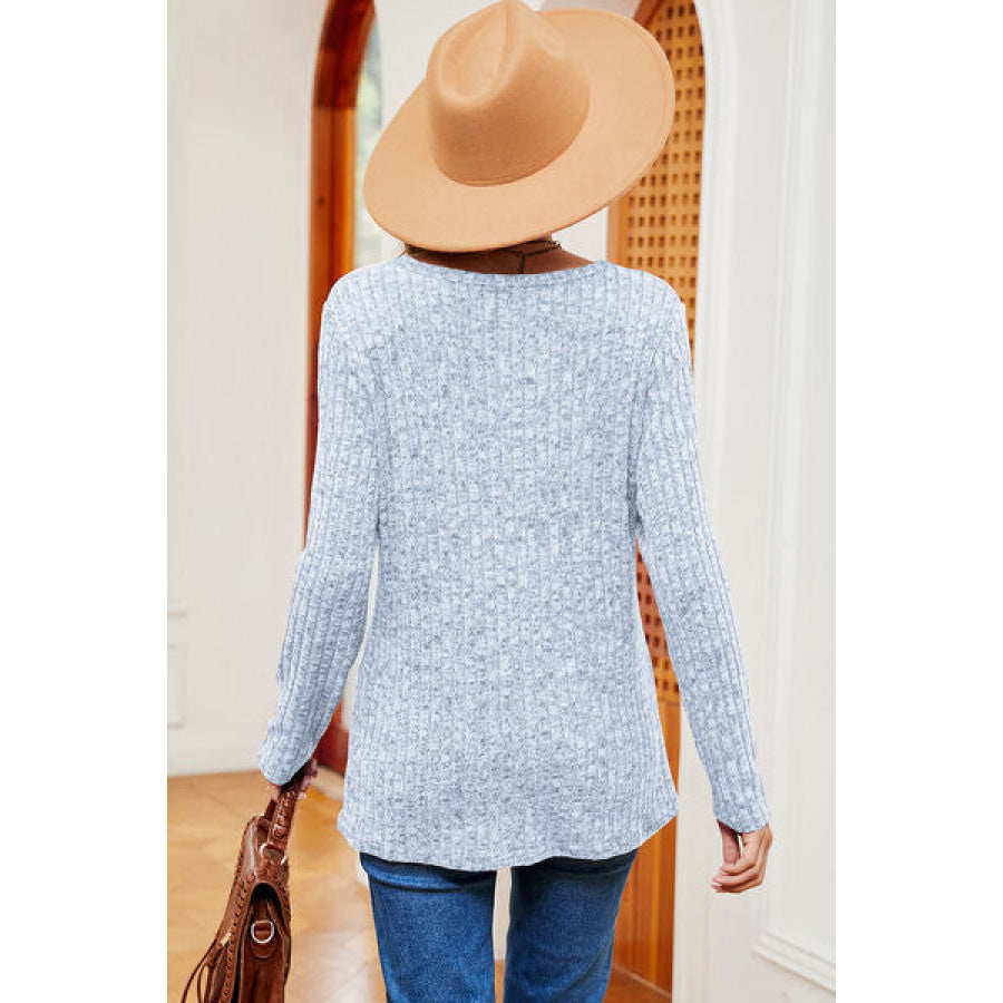 Eyelet Ribbed Round Neck Long Sleeve T - Shirt Apparel and Accessories