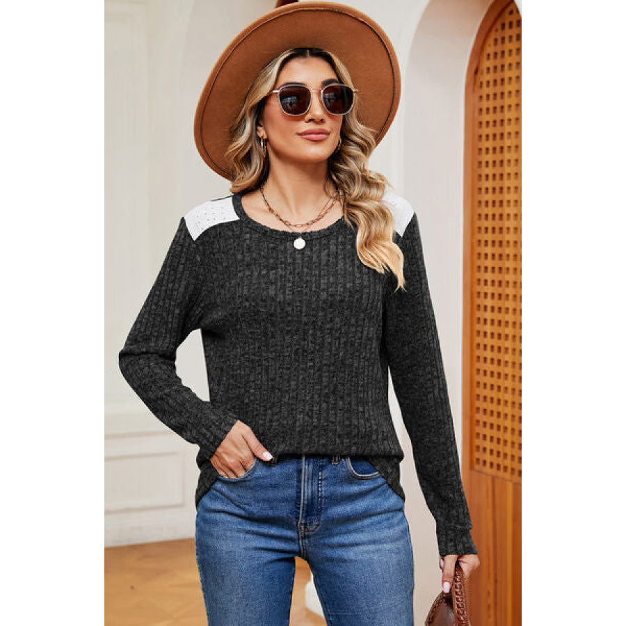 Eyelet Ribbed Round Neck Long Sleeve T - Shirt Black / S Apparel and Accessories