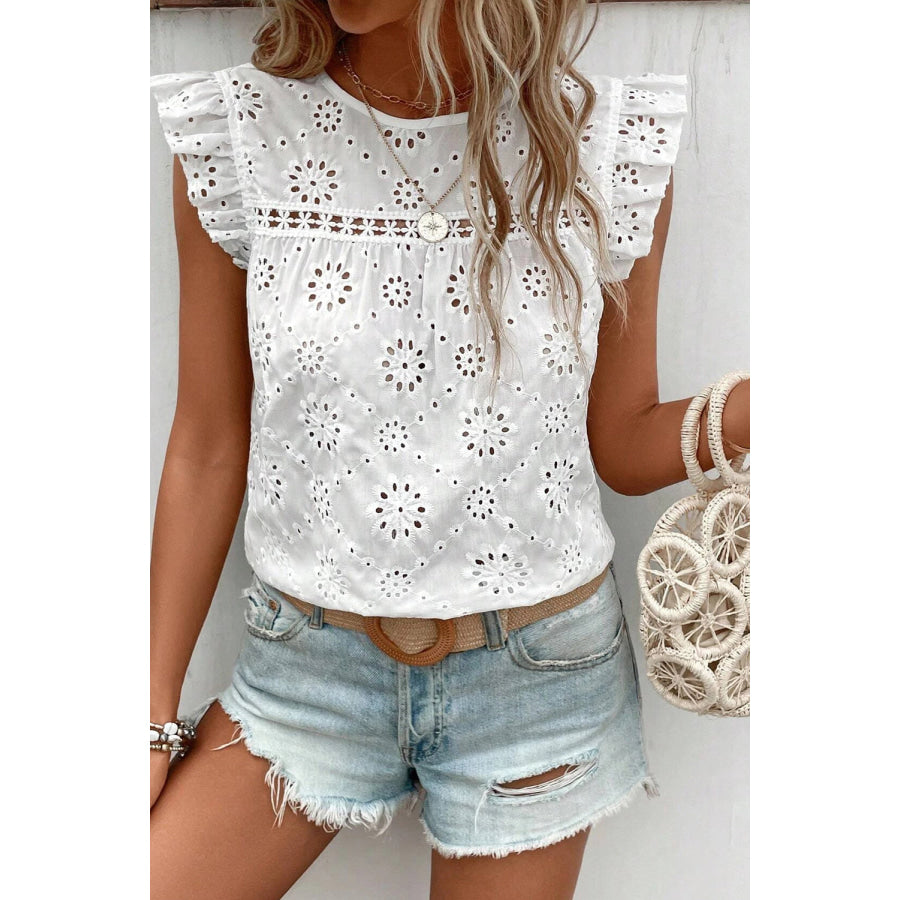 Eyelet Round Neck Cap Sleeve Blouse White / S Apparel and Accessories