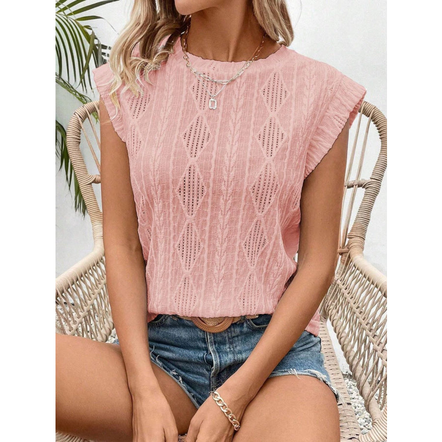 Eyelet Round Neck Cap Sleeve Top Pale Blush / S Apparel and Accessories