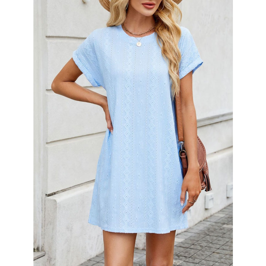 Eyelet Round Neck Casual Mini Dress Apparel and Accessories