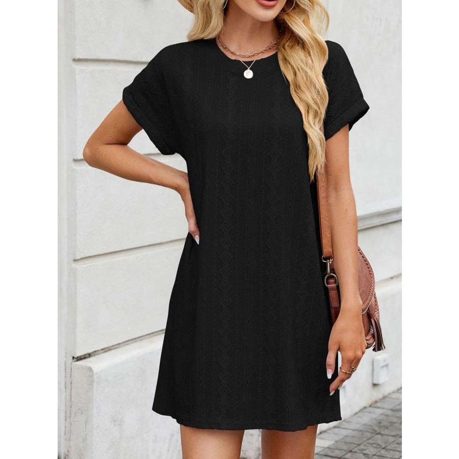 Eyelet Round Neck Casual Mini Dress Apparel and Accessories