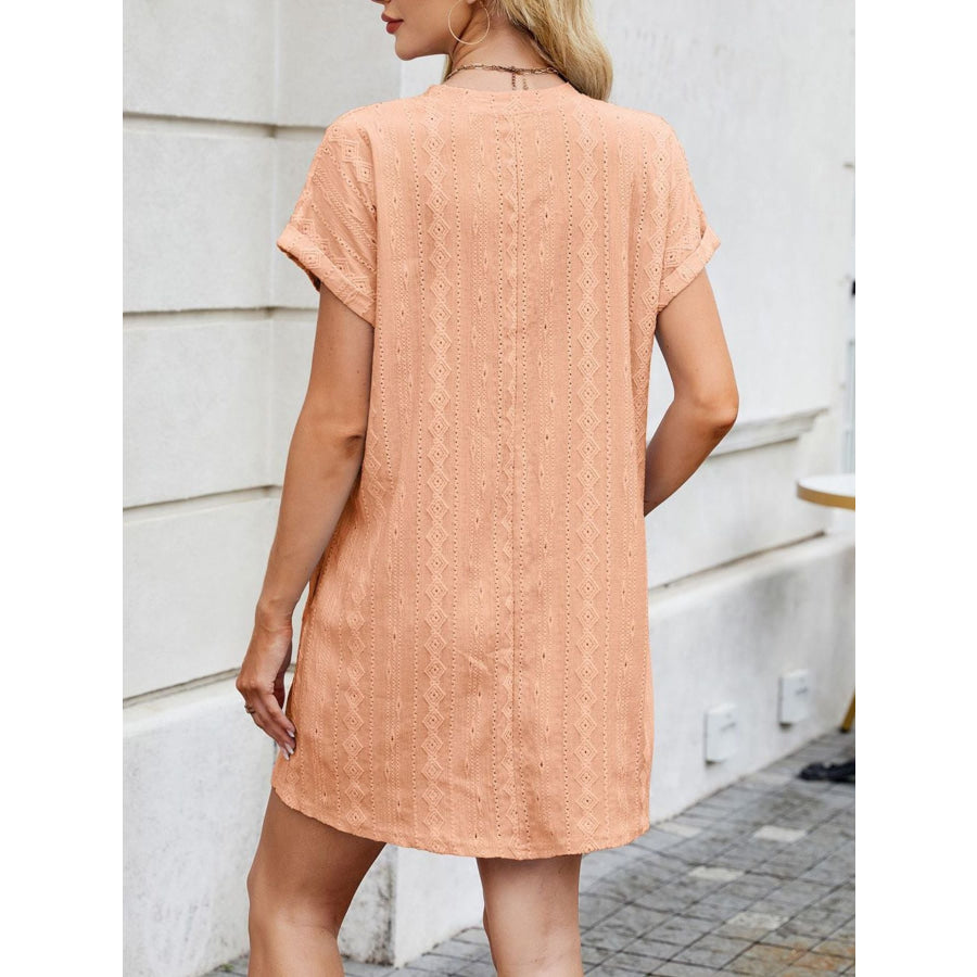 Eyelet Round Neck Casual Mini Dress Apparel and Accessories