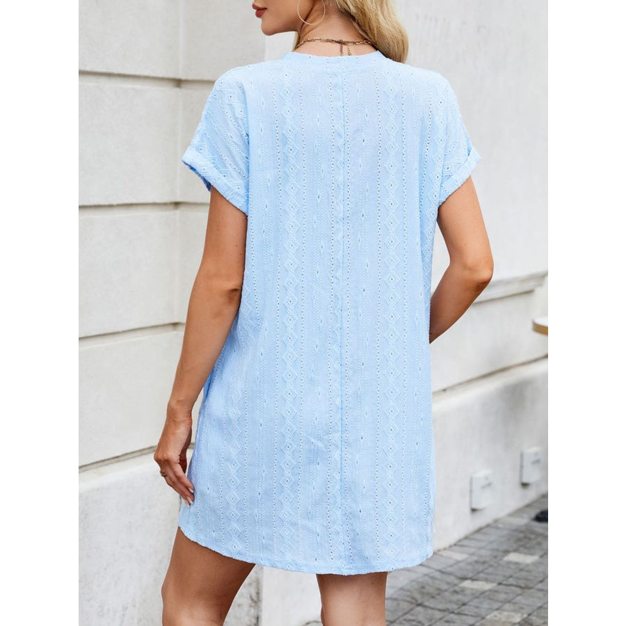 Eyelet Round Neck Casual Mini Dress Apparel and Accessories