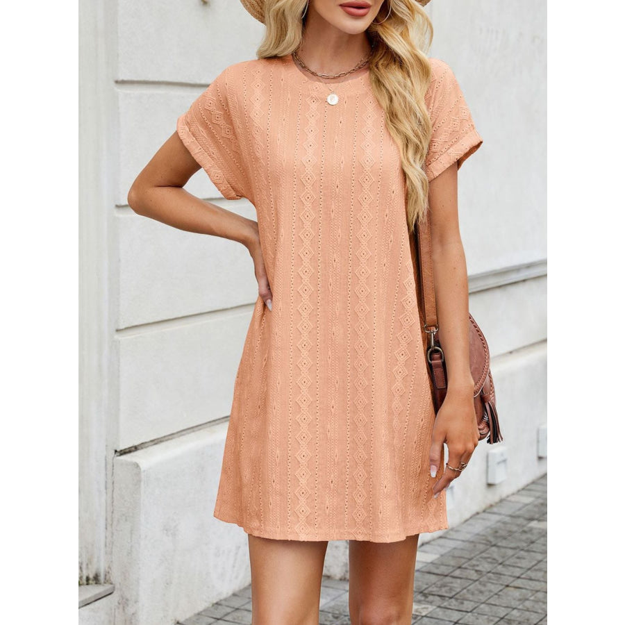 Eyelet Round Neck Casual Mini Dress Apparel and Accessories