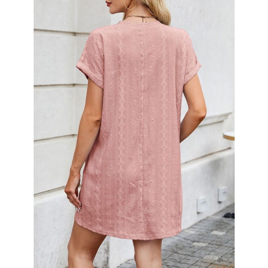 Eyelet Round Neck Casual Mini Dress Apparel and Accessories