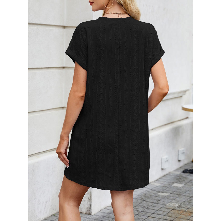 Eyelet Round Neck Casual Mini Dress Apparel and Accessories