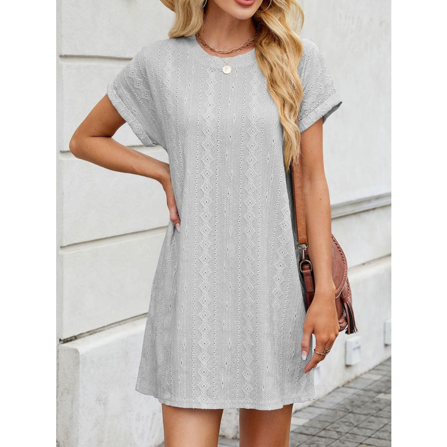 Eyelet Round Neck Casual Mini Dress Apparel and Accessories