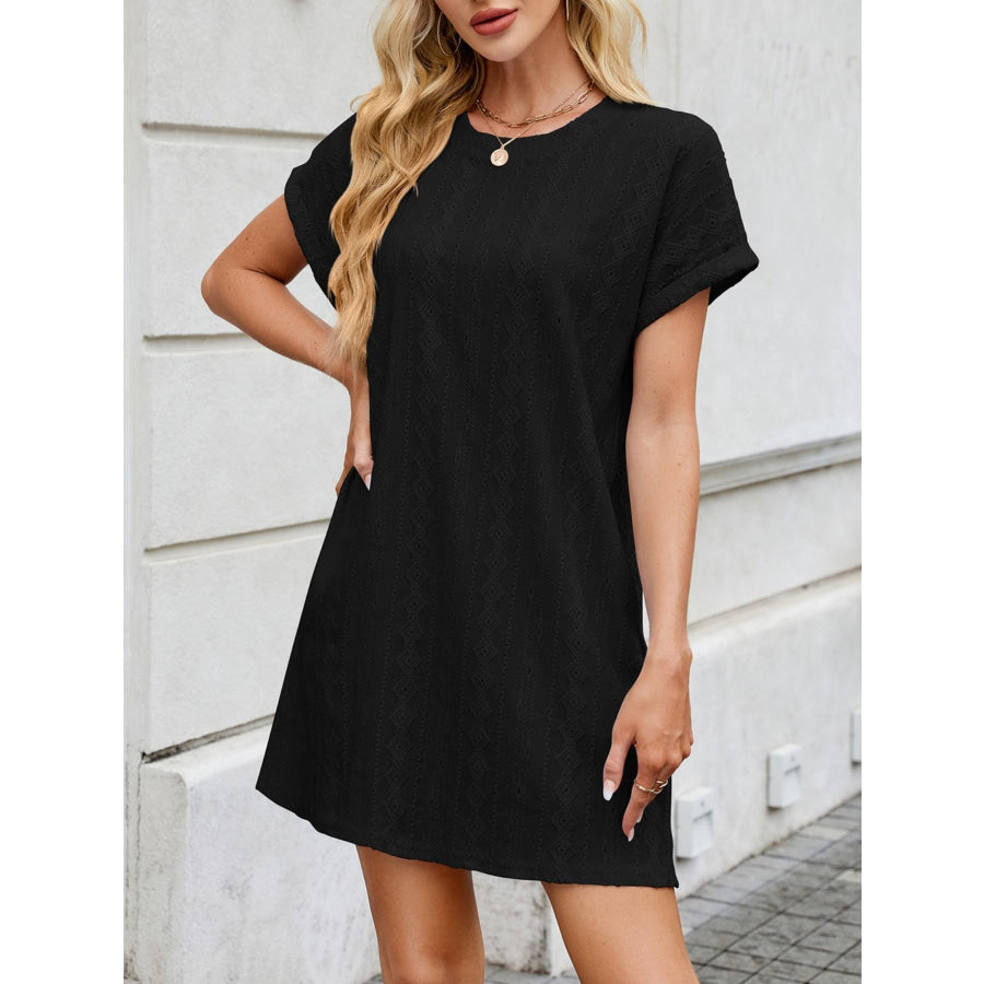 Eyelet Round Neck Casual Mini Dress Apparel and Accessories