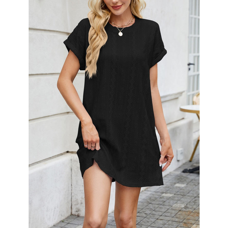 Eyelet Round Neck Casual Mini Dress Apparel and Accessories