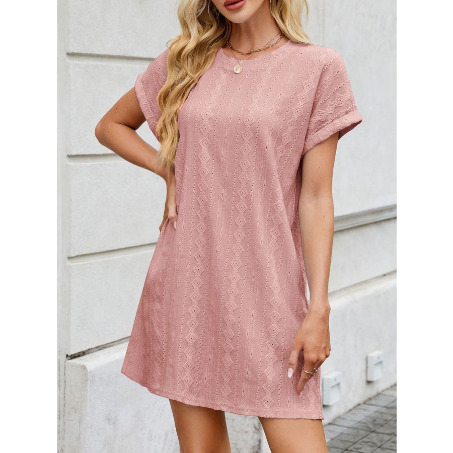 Eyelet Round Neck Casual Mini Dress Apparel and Accessories