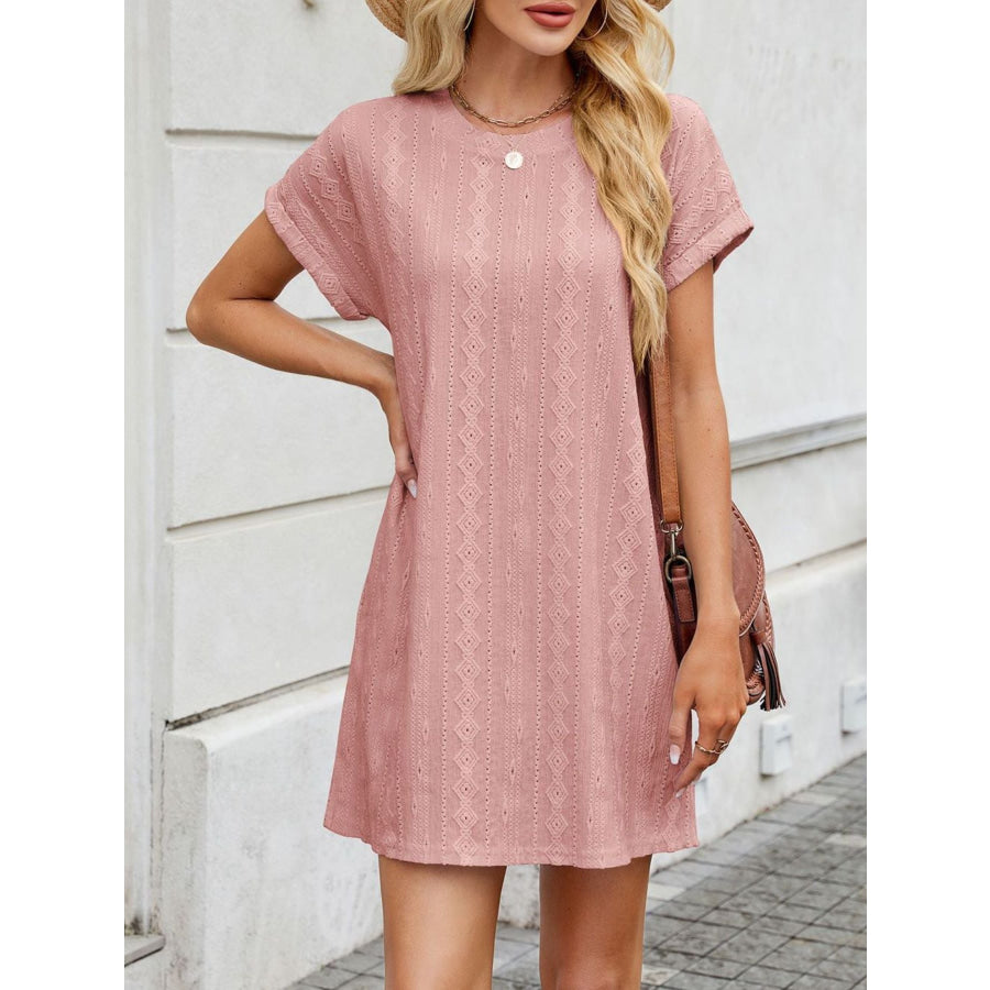 Eyelet Round Neck Casual Mini Dress Apparel and Accessories