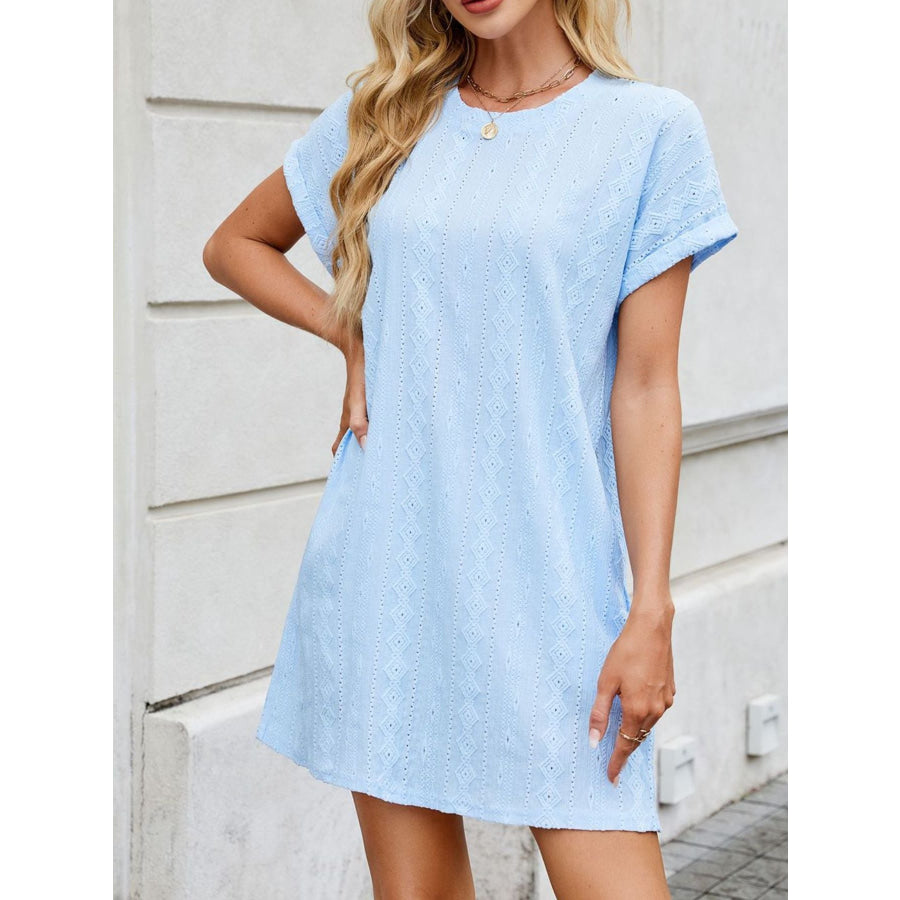 Eyelet Round Neck Casual Mini Dress Apparel and Accessories
