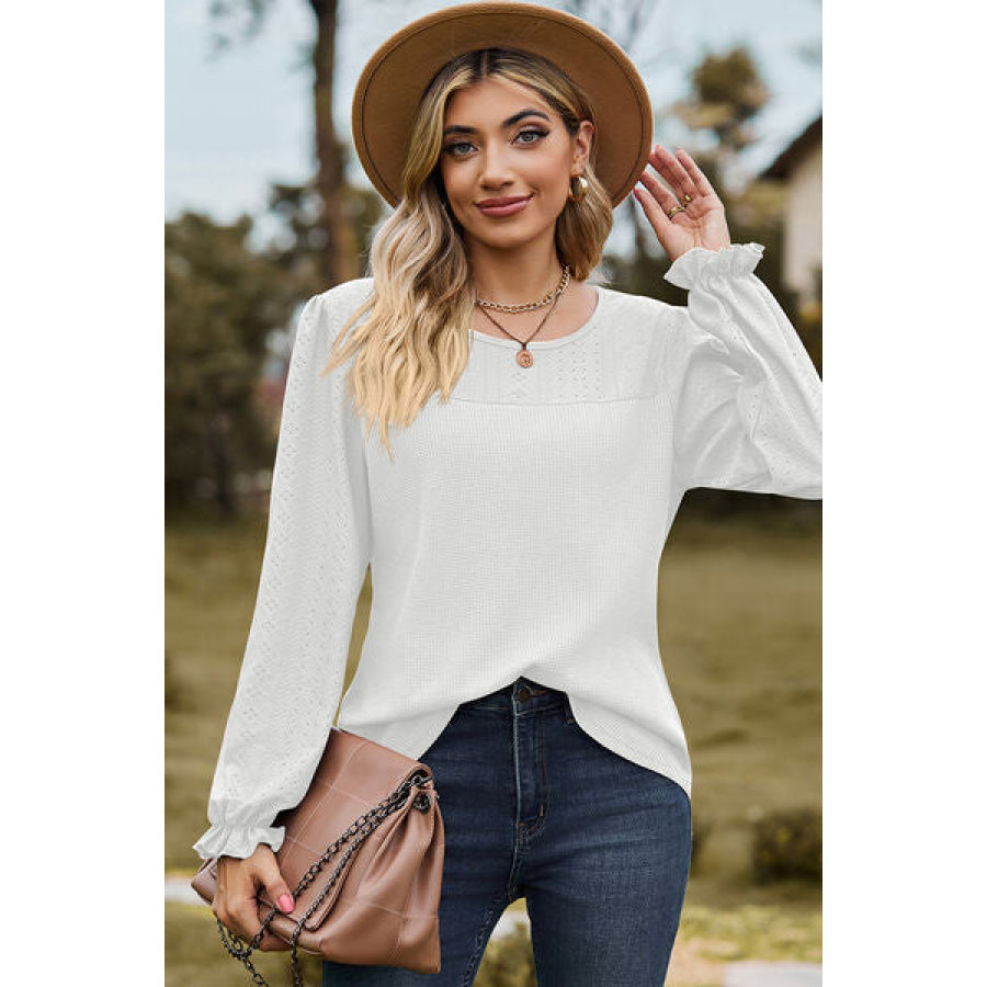 Eyelet Round Neck Flounce Sleeve T - Shirt Apparel and Accessories