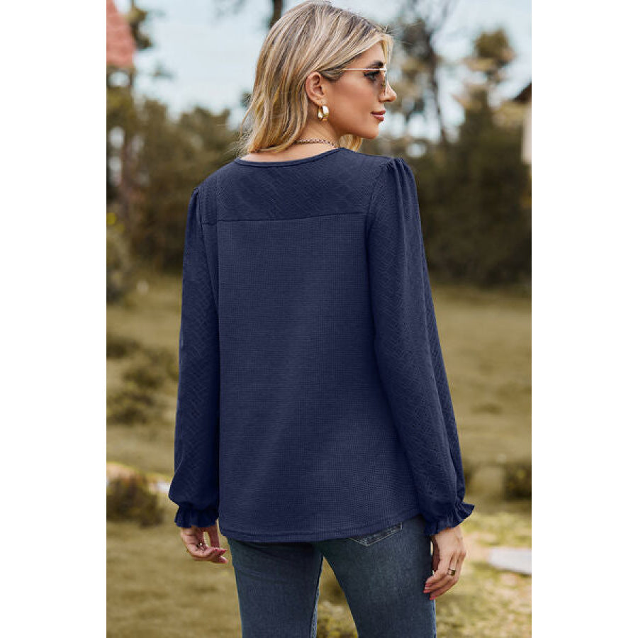 Eyelet Round Neck Flounce Sleeve T - Shirt Apparel and Accessories