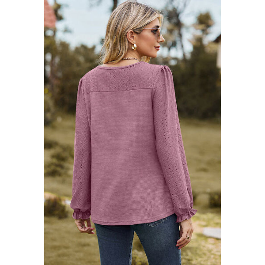 Eyelet Round Neck Flounce Sleeve T - Shirt Apparel and Accessories