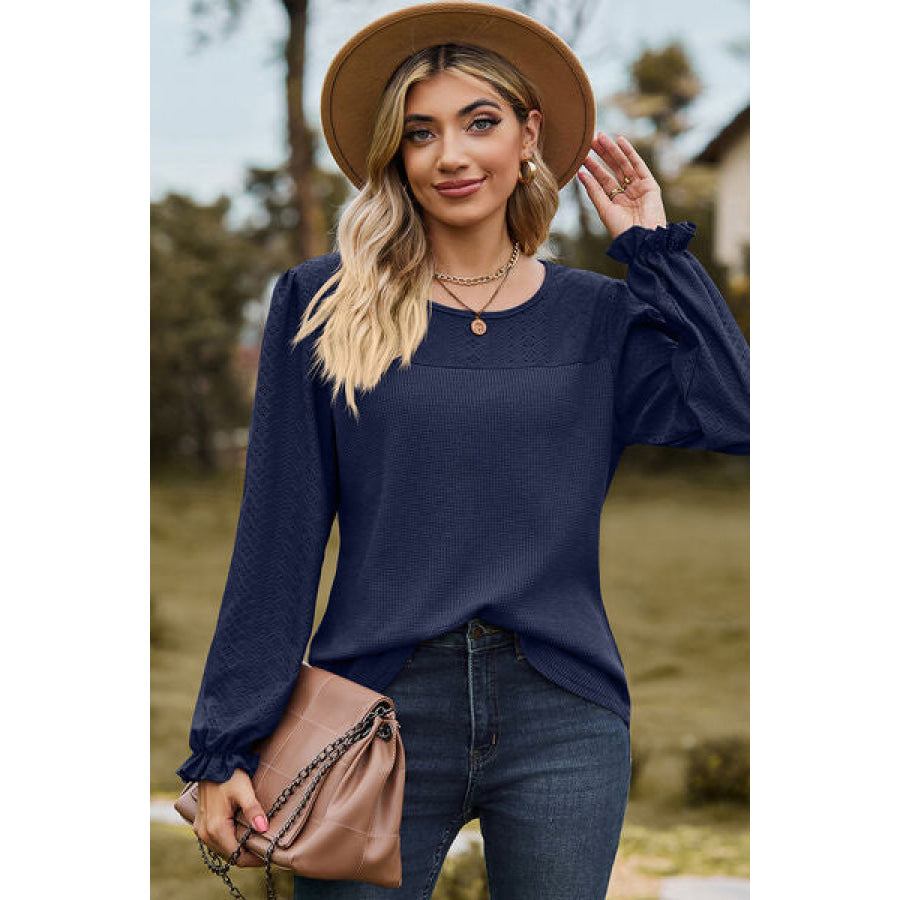 Eyelet Round Neck Flounce Sleeve T - Shirt Apparel and Accessories