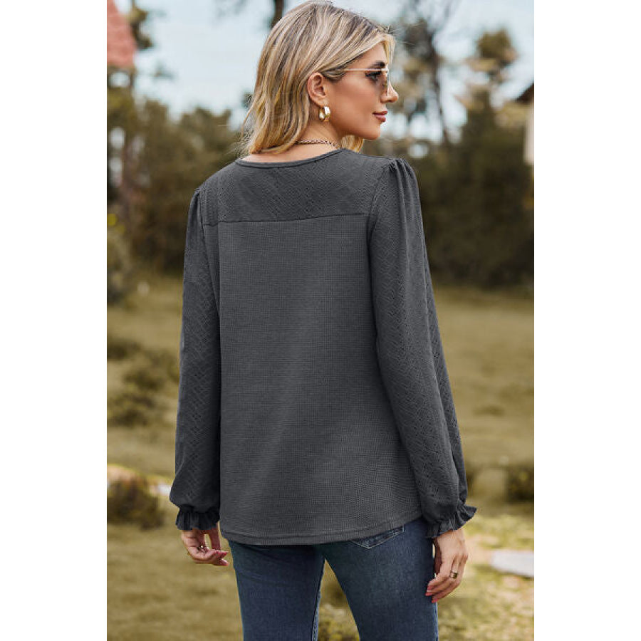 Eyelet Round Neck Flounce Sleeve T - Shirt Apparel and Accessories