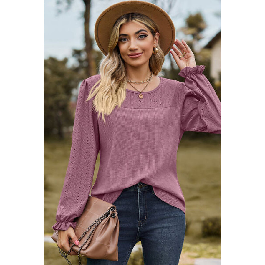 Eyelet Round Neck Flounce Sleeve T - Shirt Apparel and Accessories