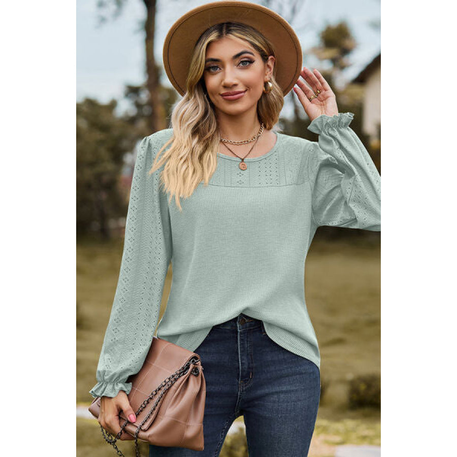 Eyelet Round Neck Flounce Sleeve T - Shirt Apparel and Accessories