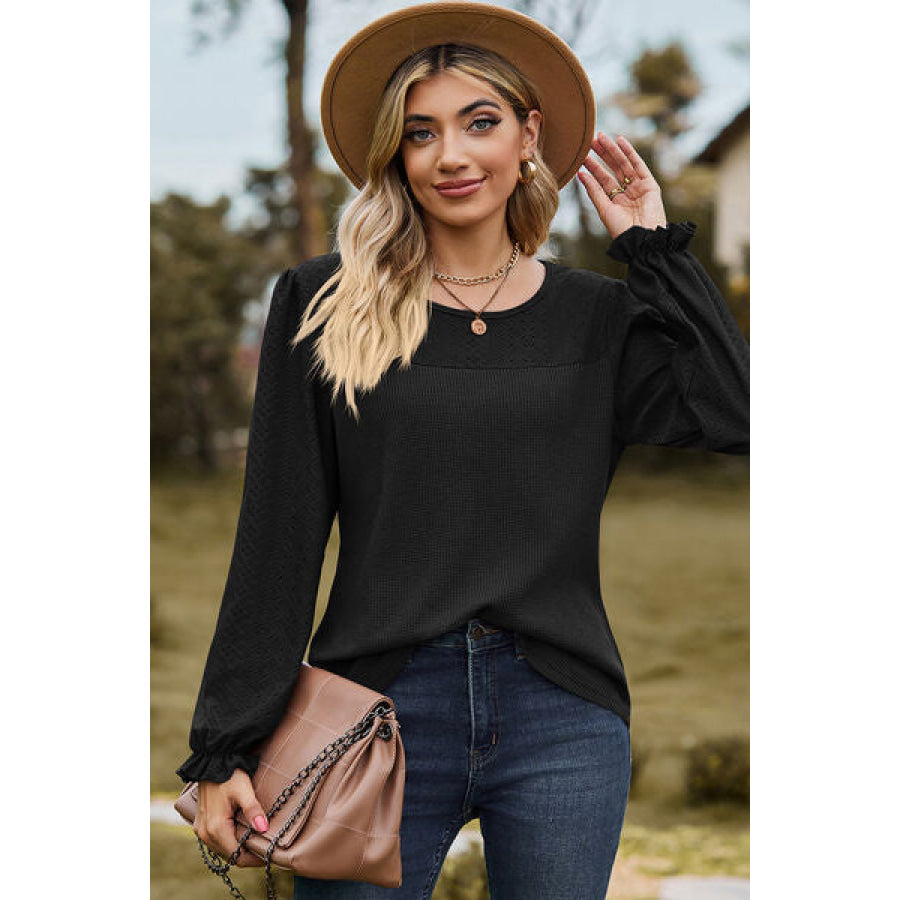 Eyelet Round Neck Flounce Sleeve T - Shirt Apparel and Accessories