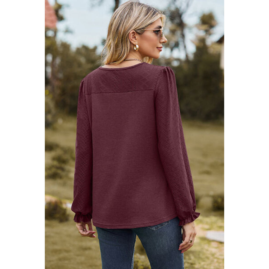 Eyelet Round Neck Flounce Sleeve T - Shirt Apparel and Accessories