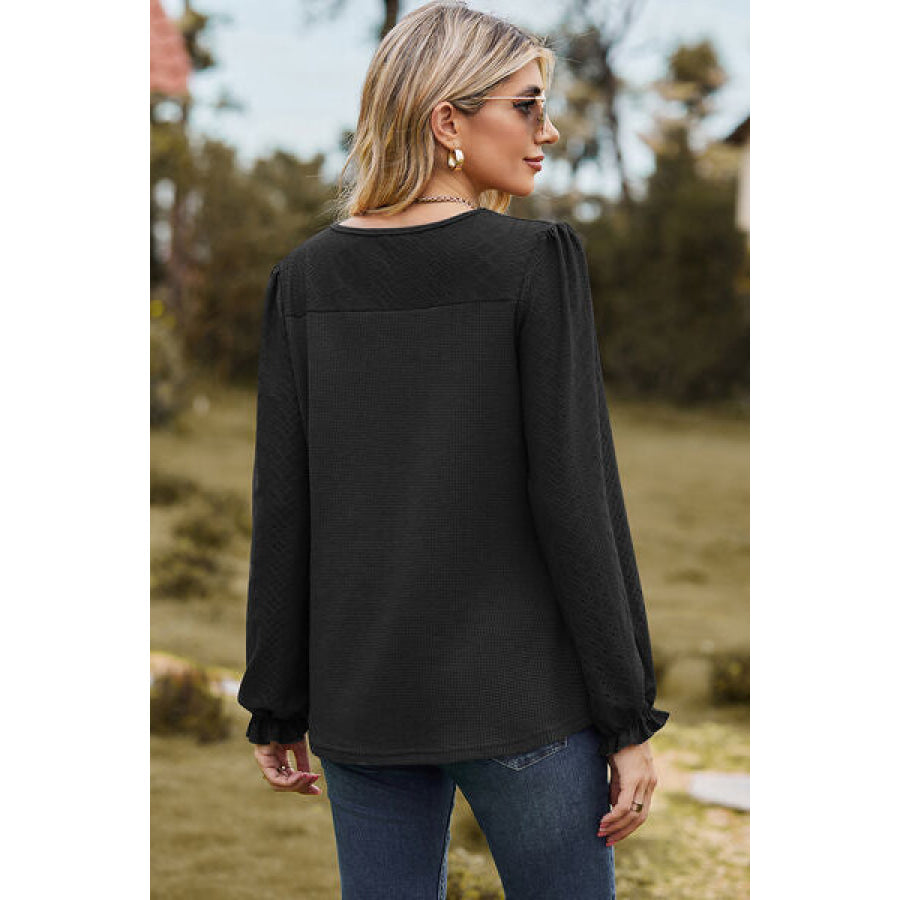 Eyelet Round Neck Flounce Sleeve T - Shirt Apparel and Accessories