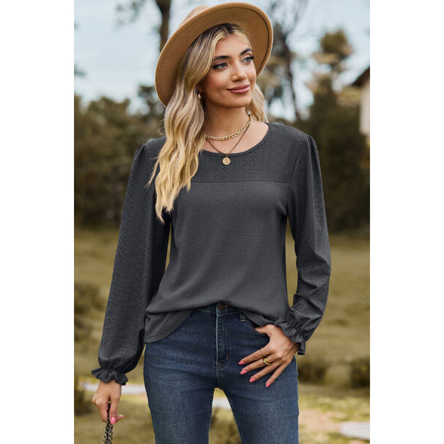 Eyelet Round Neck Flounce Sleeve T - Shirt Charcoal / S Apparel and Accessories