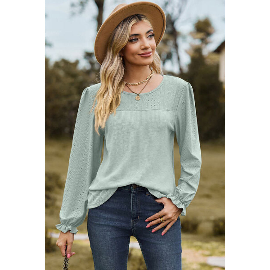 Eyelet Round Neck Flounce Sleeve T - Shirt Gum Leaf / S Apparel and Accessories