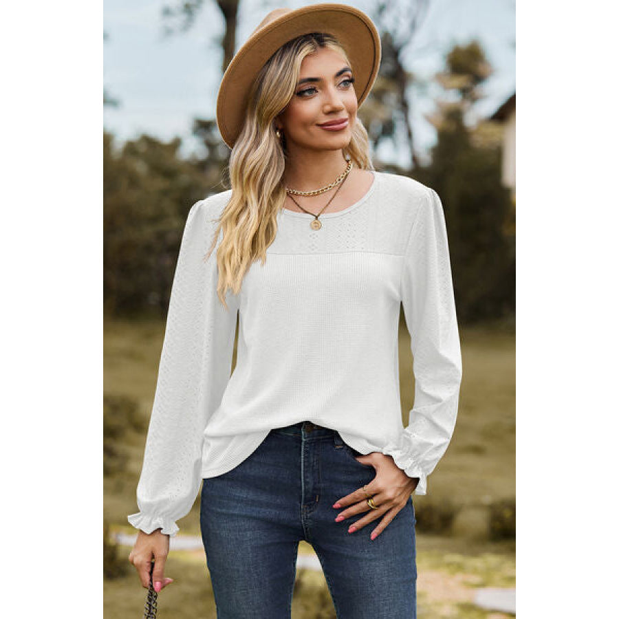 Eyelet Round Neck Flounce Sleeve T - Shirt White / S Apparel and Accessories
