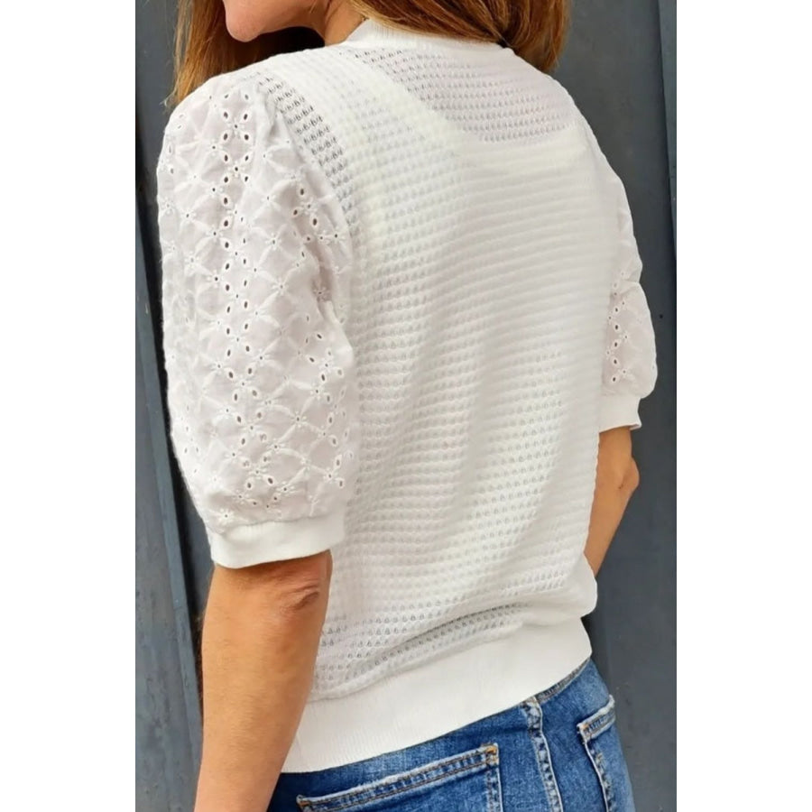 Eyelet Round Neck Half Sleeve Blouse Apparel and Accessories