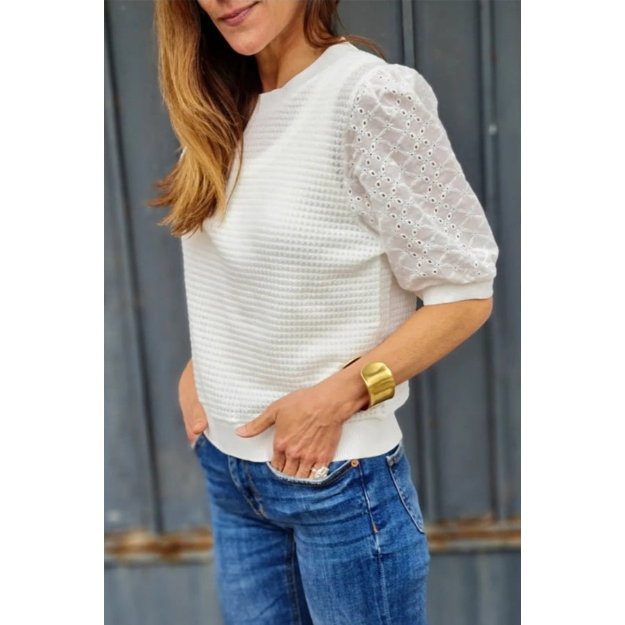 Eyelet Round Neck Half Sleeve Blouse Apparel and Accessories