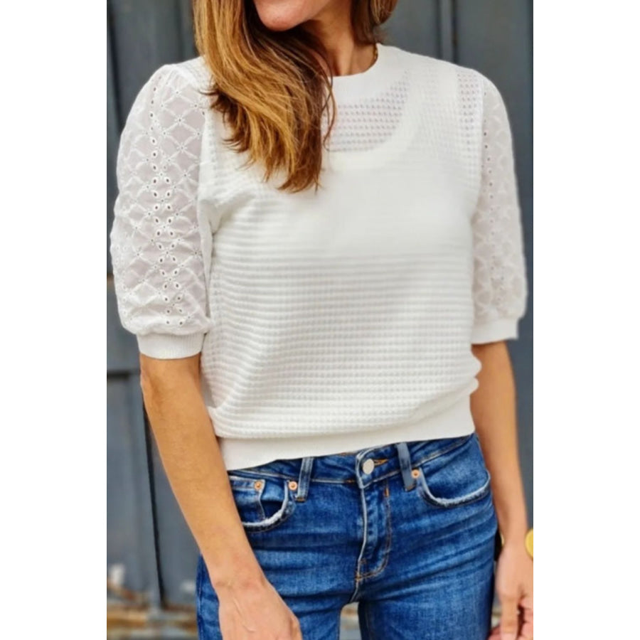 Eyelet Round Neck Half Sleeve Blouse White / S Apparel and Accessories