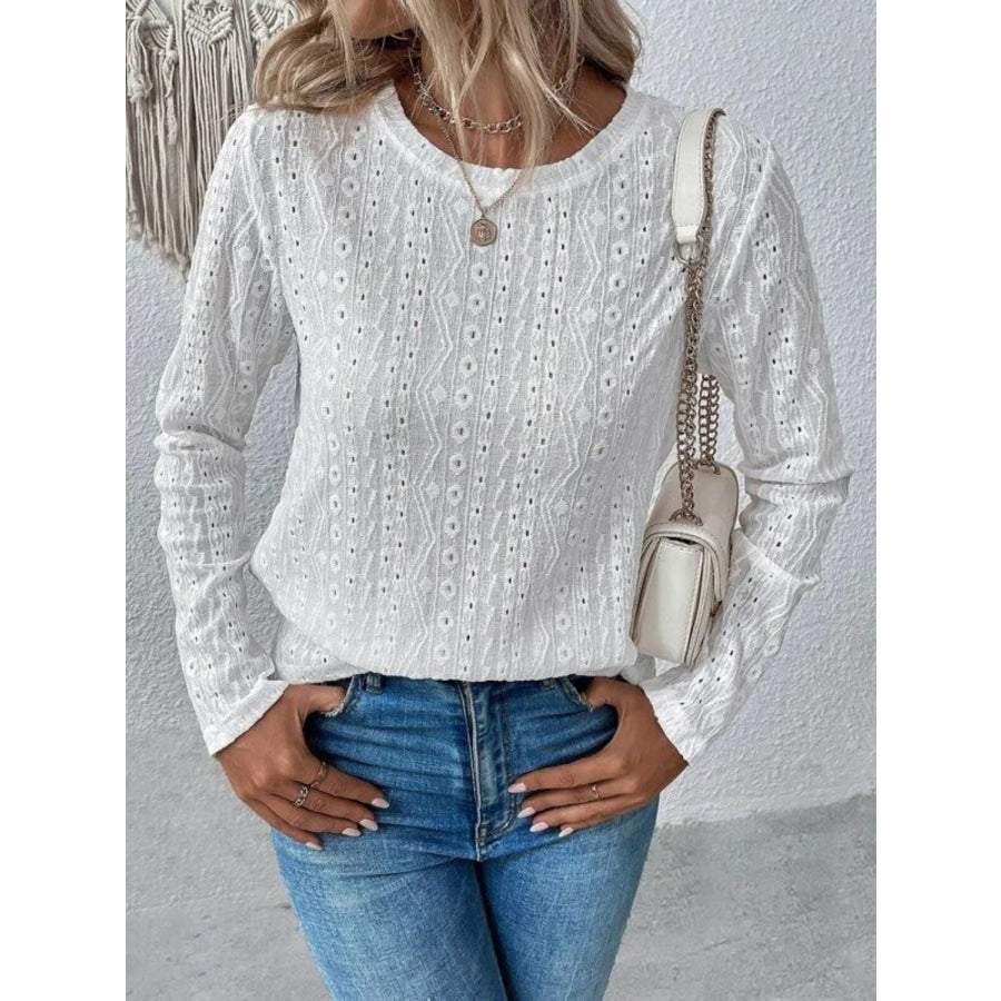 Eyelet Round Neck Long Sleeve Blouse Apparel and Accessories