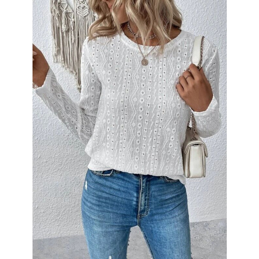 Eyelet Round Neck Long Sleeve Blouse Apparel and Accessories