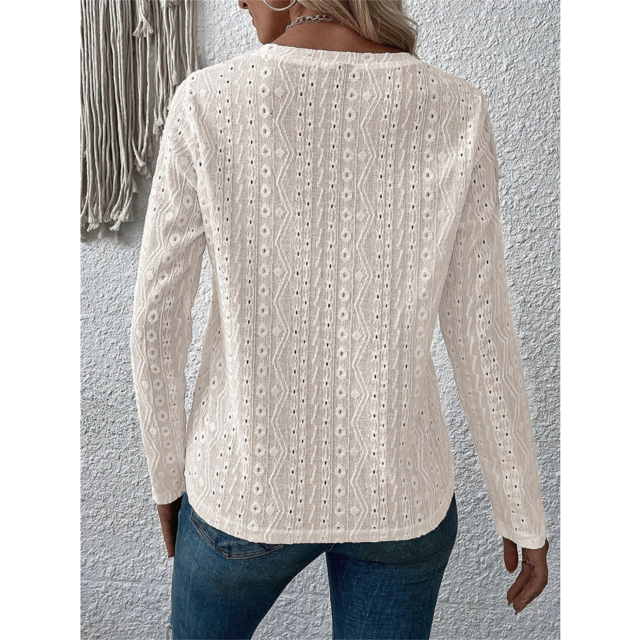 Eyelet Round Neck Long Sleeve Blouse Apparel and Accessories