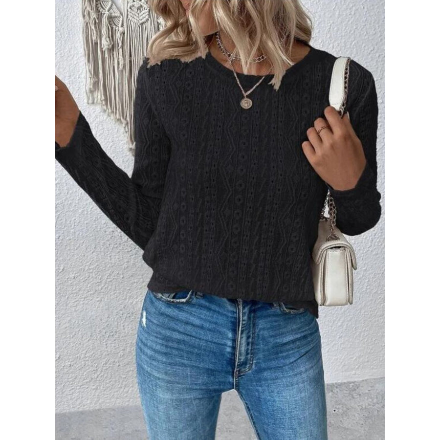 Eyelet Round Neck Long Sleeve Blouse Apparel and Accessories