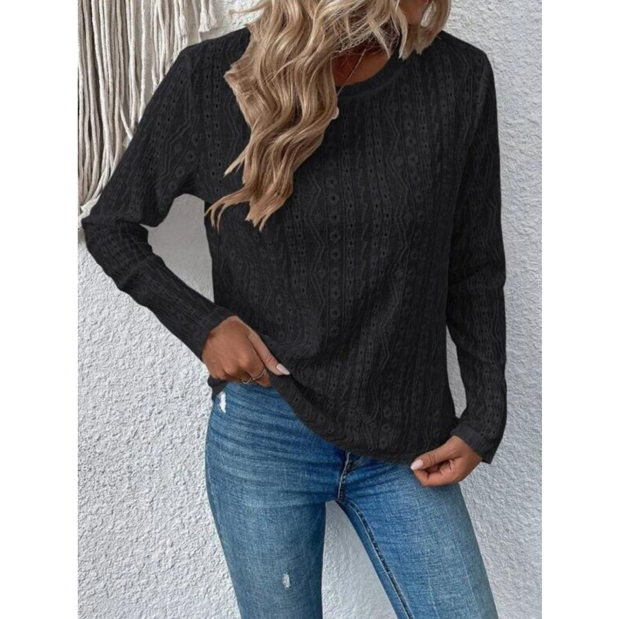 Eyelet Round Neck Long Sleeve Blouse Apparel and Accessories