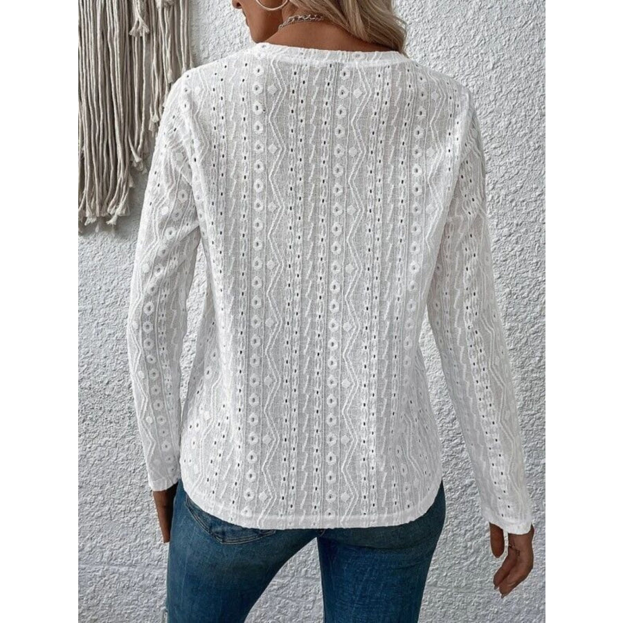 Eyelet Round Neck Long Sleeve Blouse White / S Apparel and Accessories