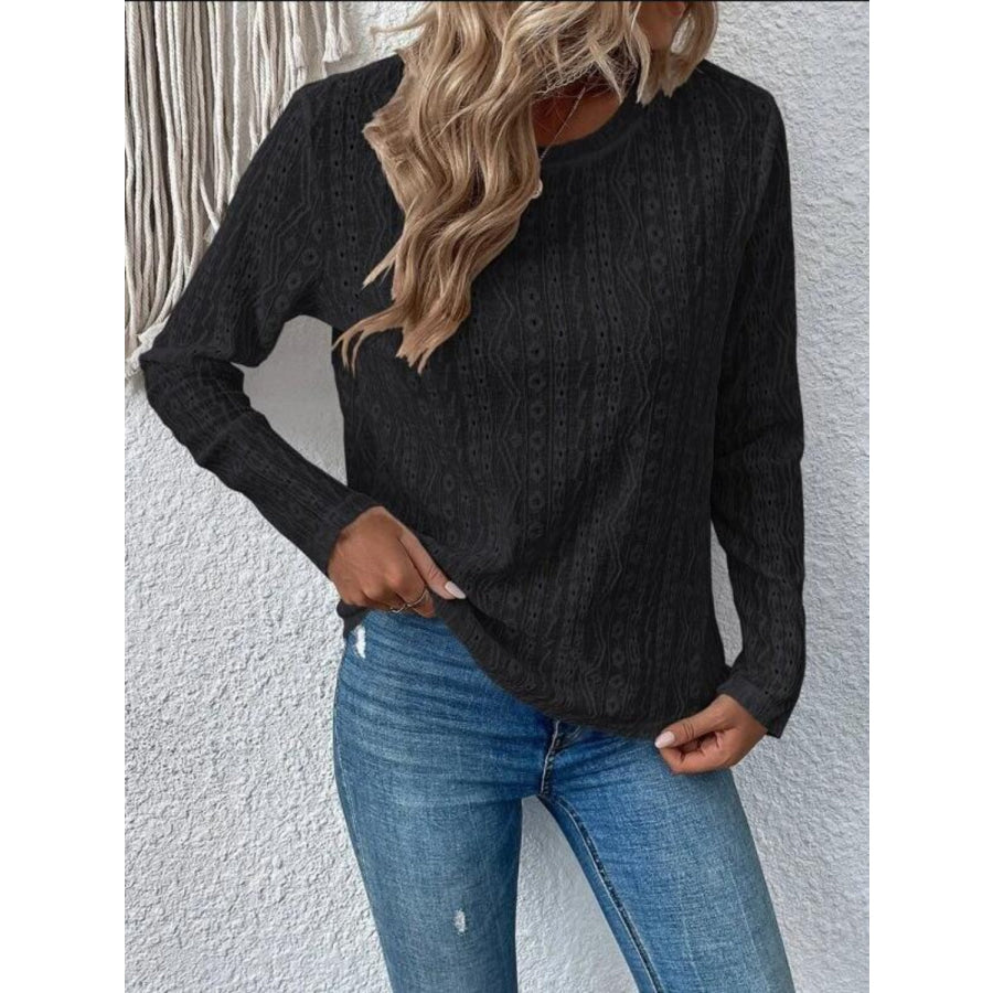 Eyelet Round Neck Long Sleeve Blouse Black / S Apparel and Accessories