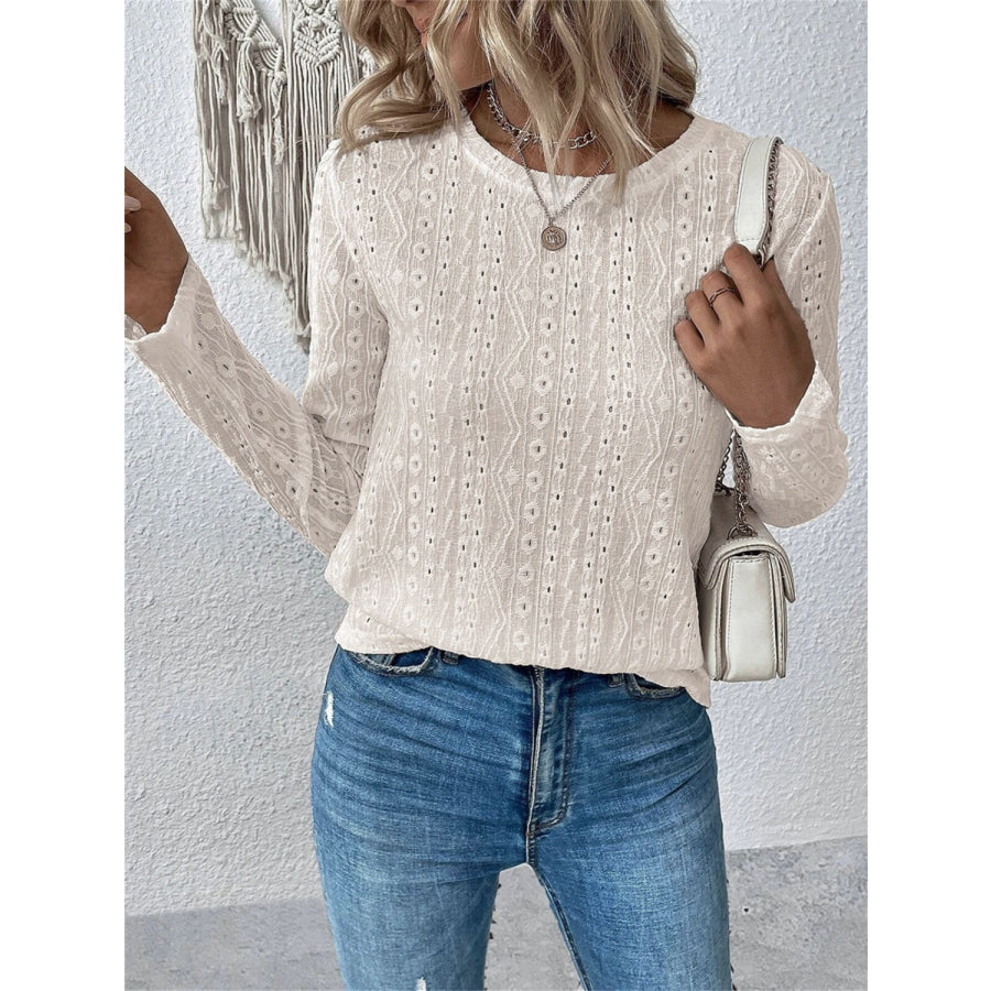 Eyelet Round Neck Long Sleeve Blouse Dust Storm / S Apparel and Accessories