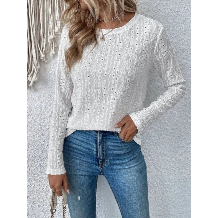 Eyelet Round Neck Long Sleeve Blouse White / S Apparel and Accessories