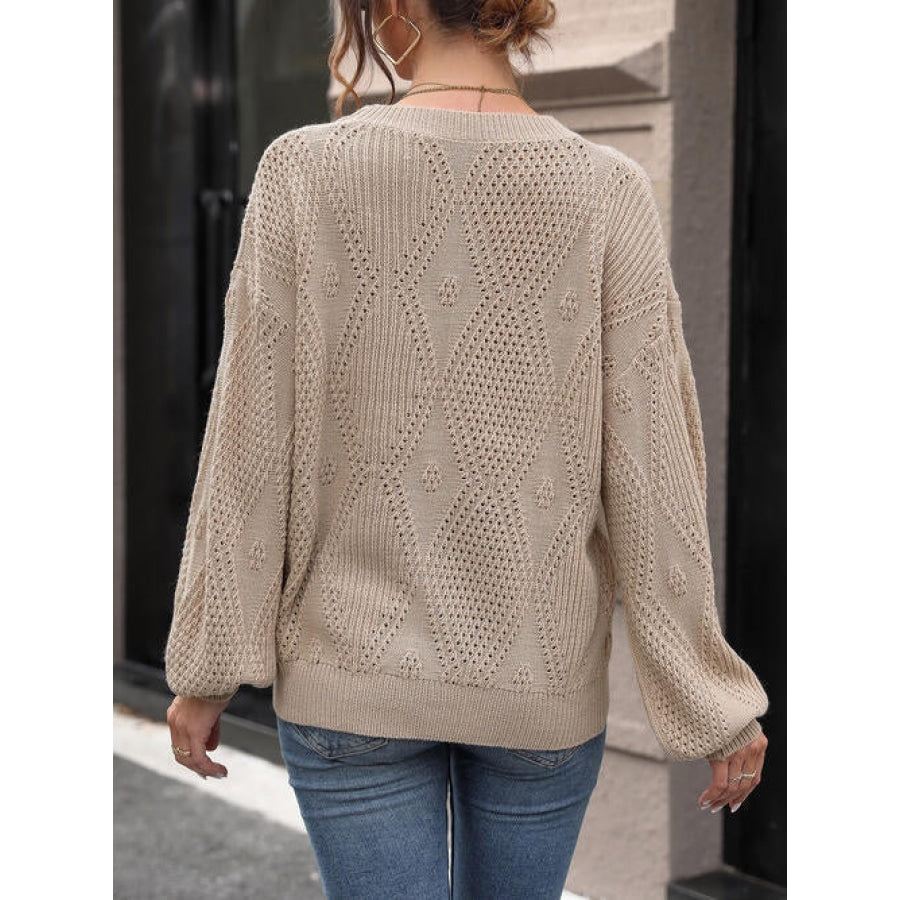 Eyelet Round Neck Long Sleeve Knit Top Clothing