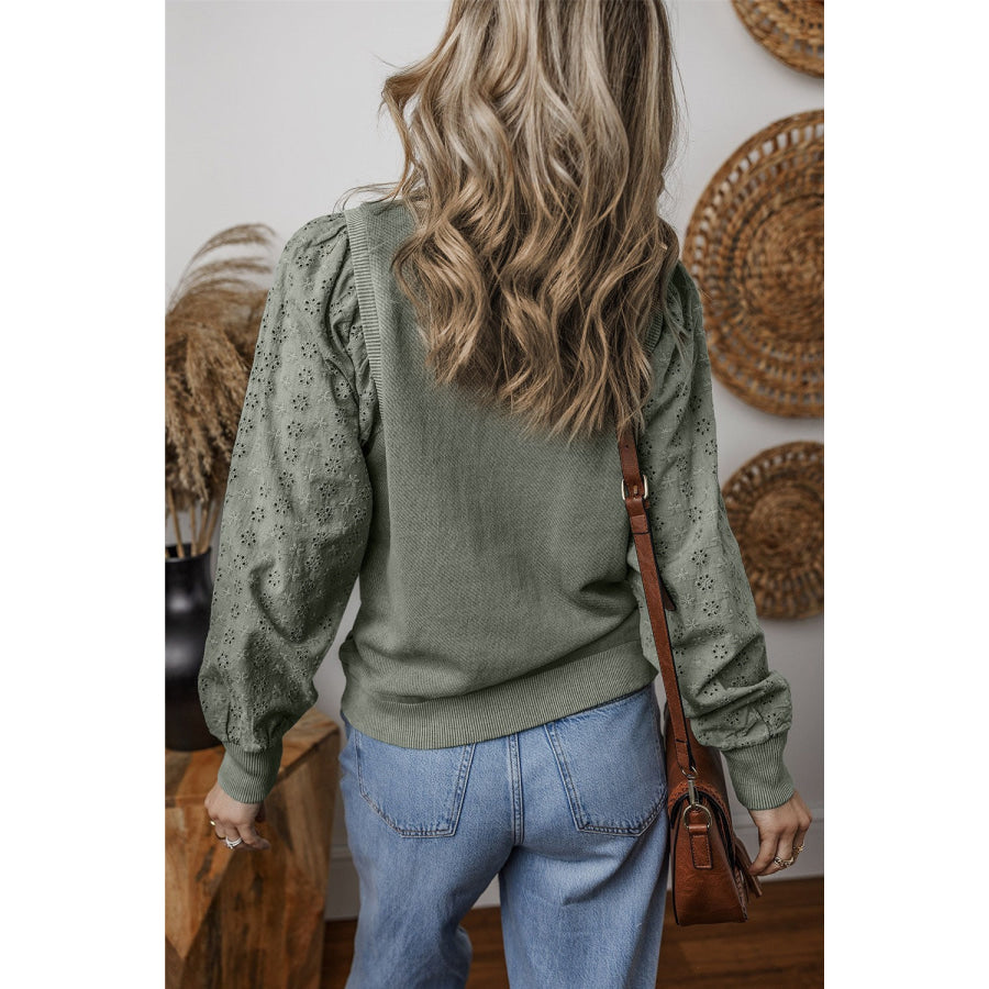 Eyelet Round Neck Long Sleeve Sweatshirt Apparel and Accessories