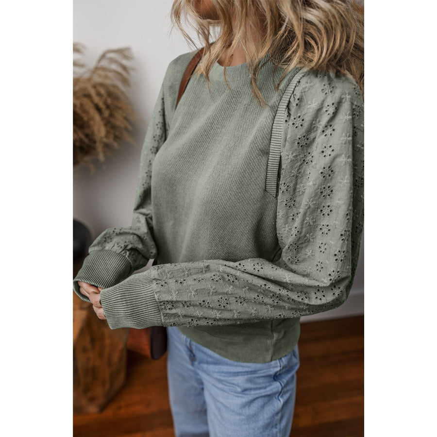 Eyelet Round Neck Long Sleeve Sweatshirt Apparel and Accessories