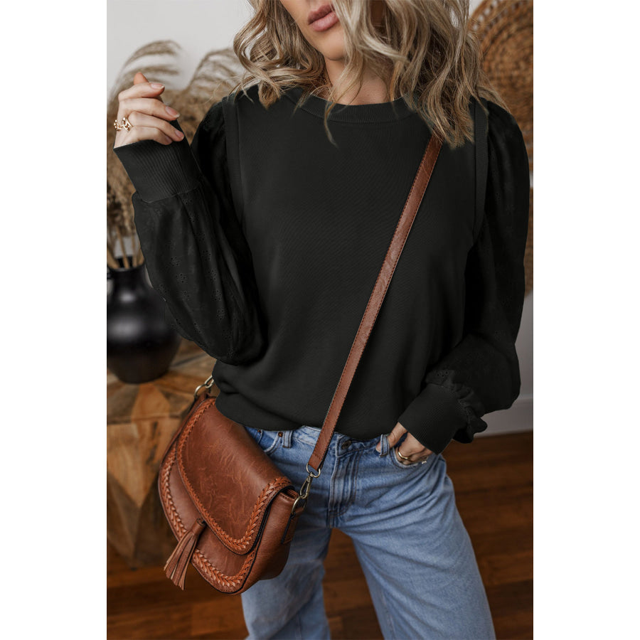 Eyelet Round Neck Long Sleeve Sweatshirt Black / S Apparel and Accessories