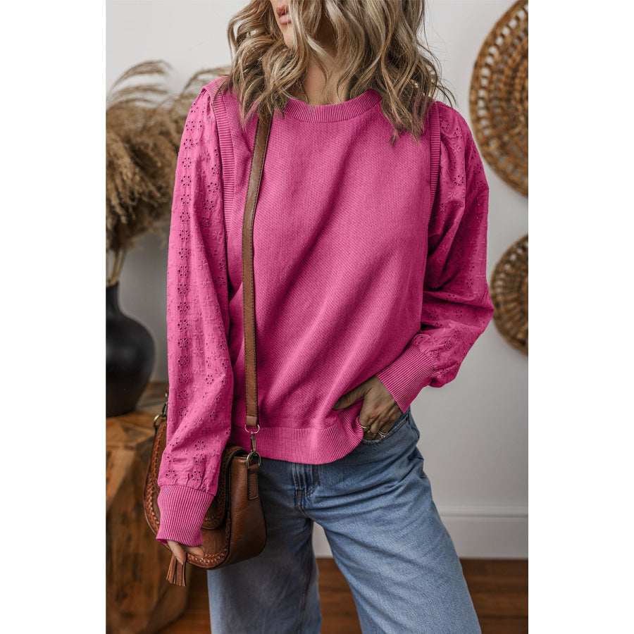 Eyelet Round Neck Long Sleeve Sweatshirt Deep Rose / M Apparel and Accessories