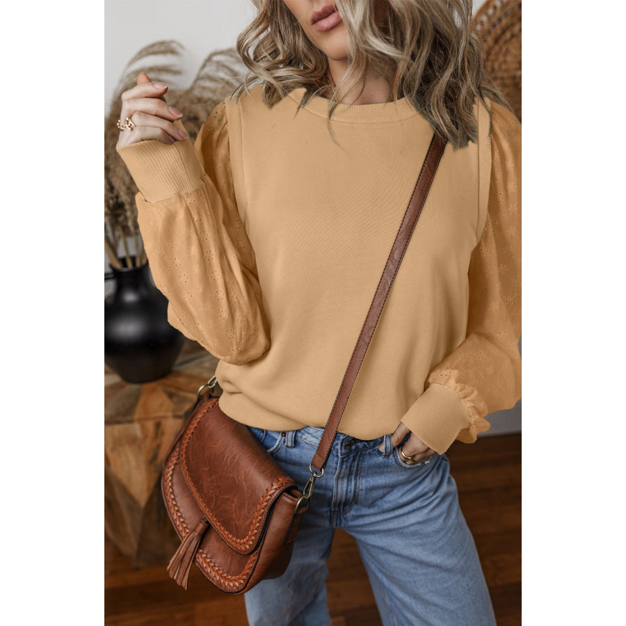 Eyelet Round Neck Long Sleeve Sweatshirt Tan / L Apparel and Accessories