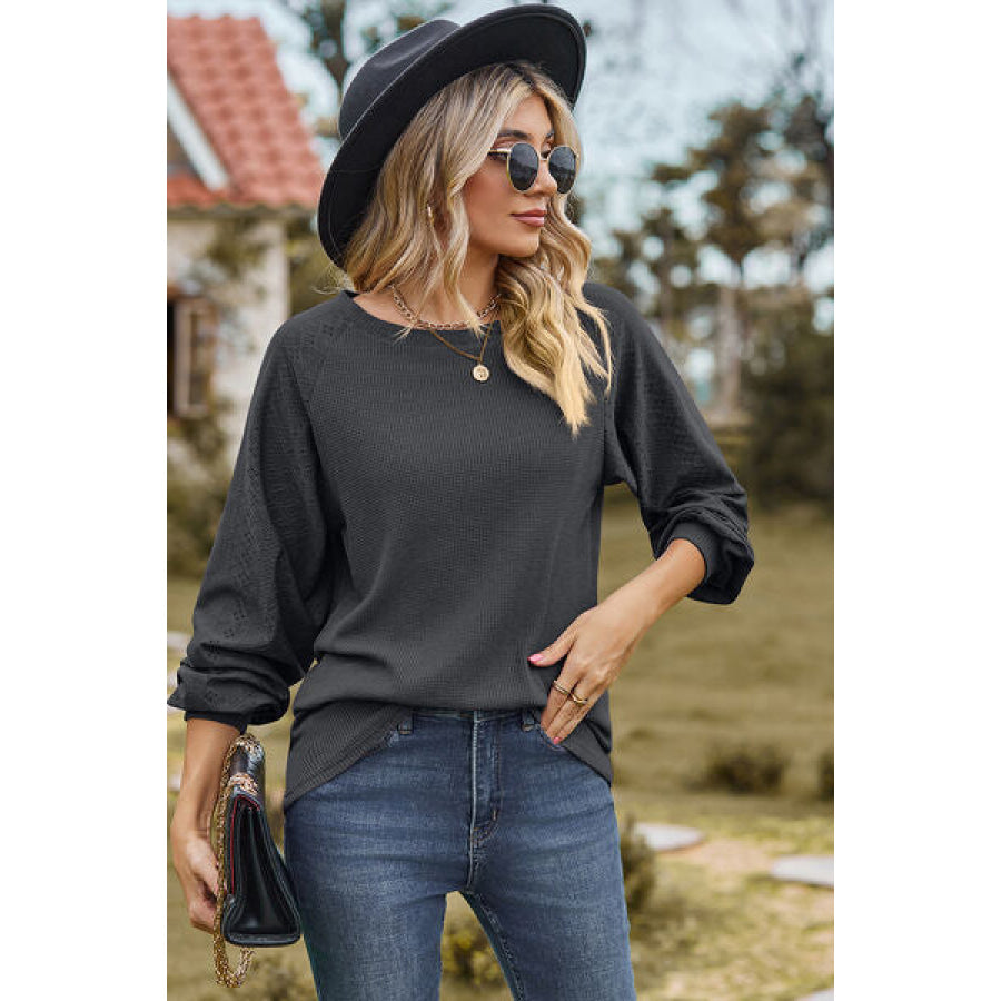Eyelet Round Neck Long Sleeve T - Shirt Apparel and Accessories